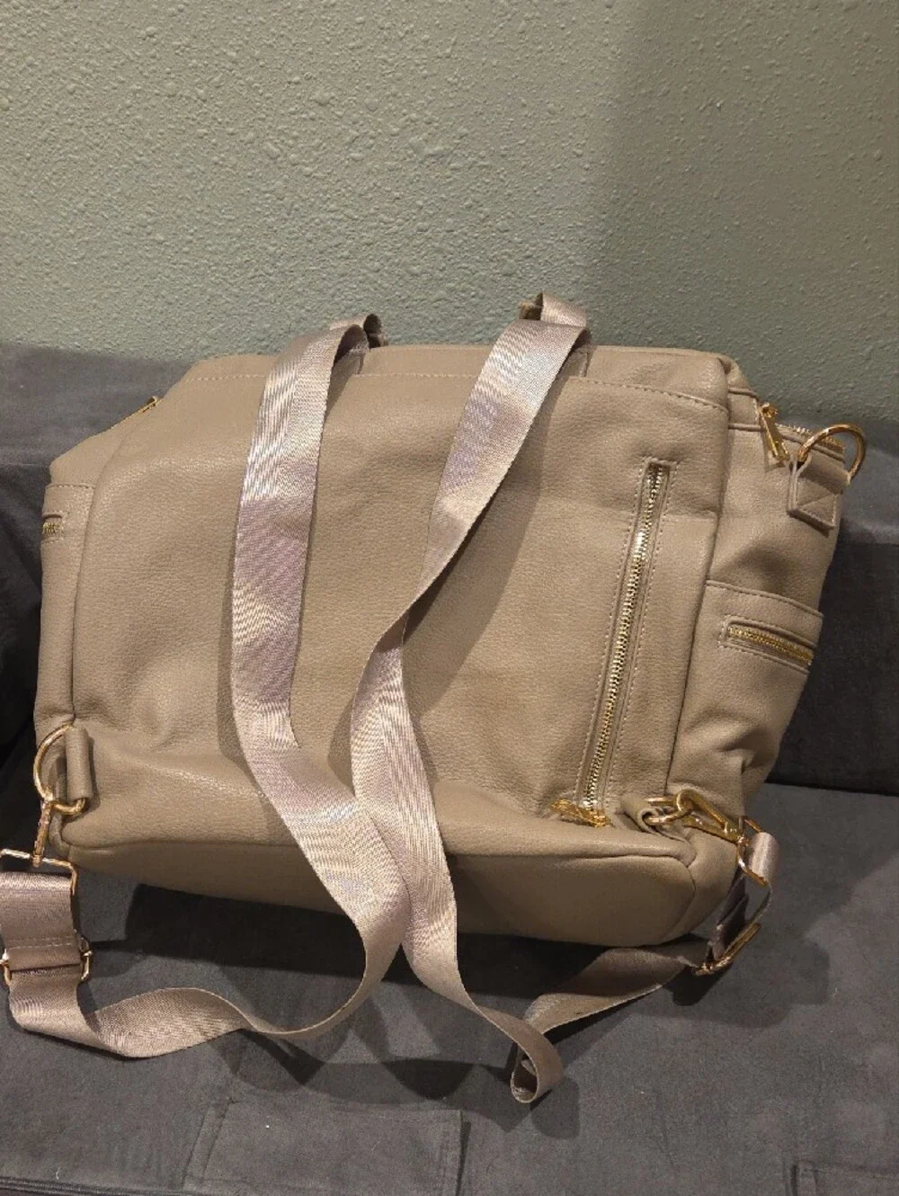 Beige-grey Leather Diaper Bag with Gold Hardware